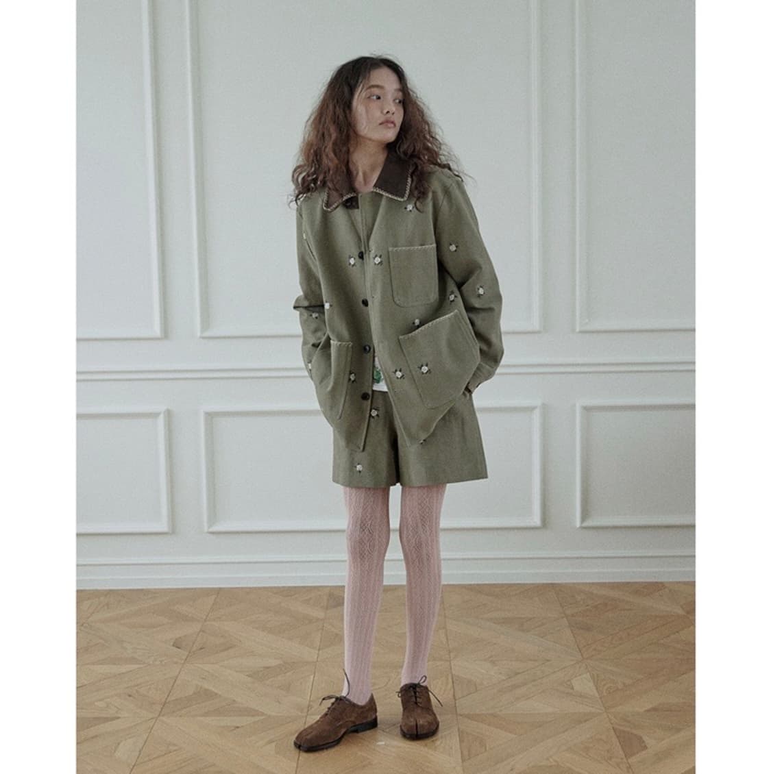 호쿠스포쿠스 chablis 플라워 자수 카키 워크자켓 코듀로이 카라 상품이미지4