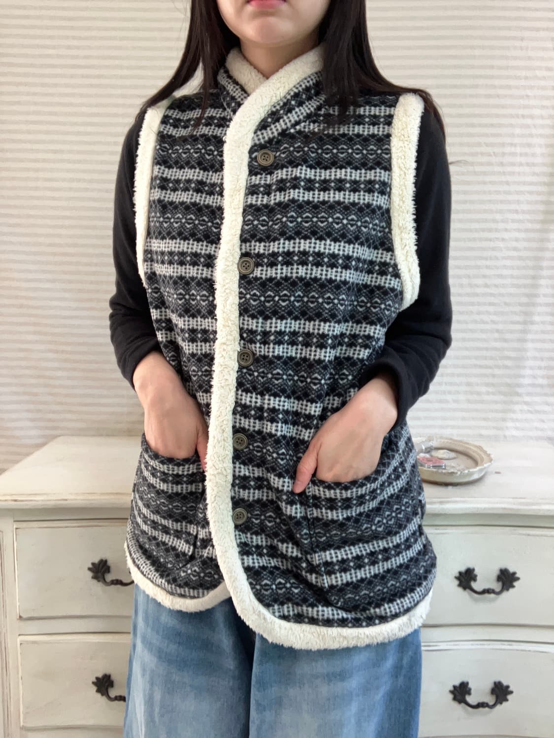 빈티지 블랙 우드 양털 조끼 y2k 스트릿 갸루 펑키 일본빈티지 상품이미지3