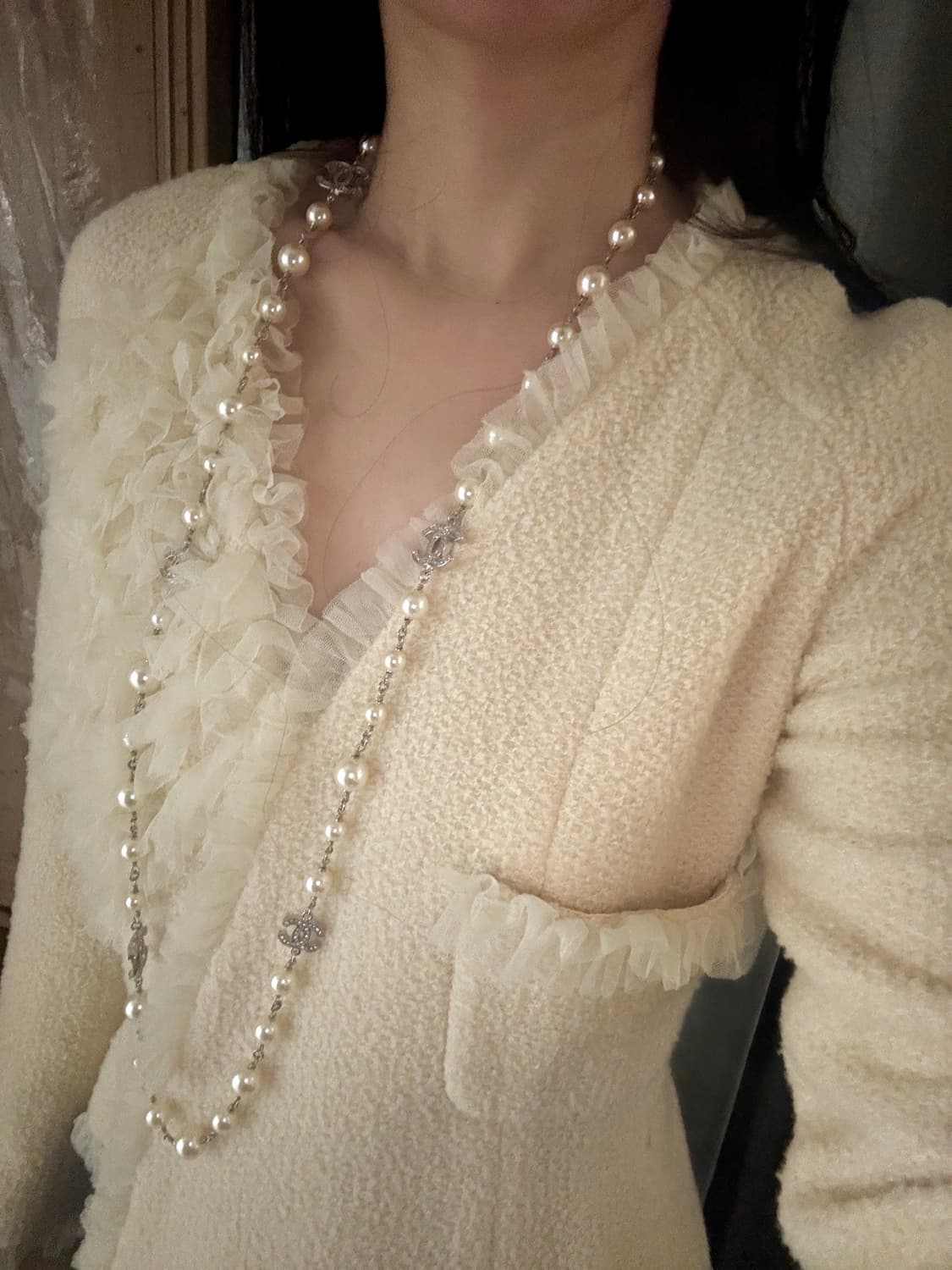 chanel 샤넬 아이보리 트위드 쉬폰 자켓 상품이미지6