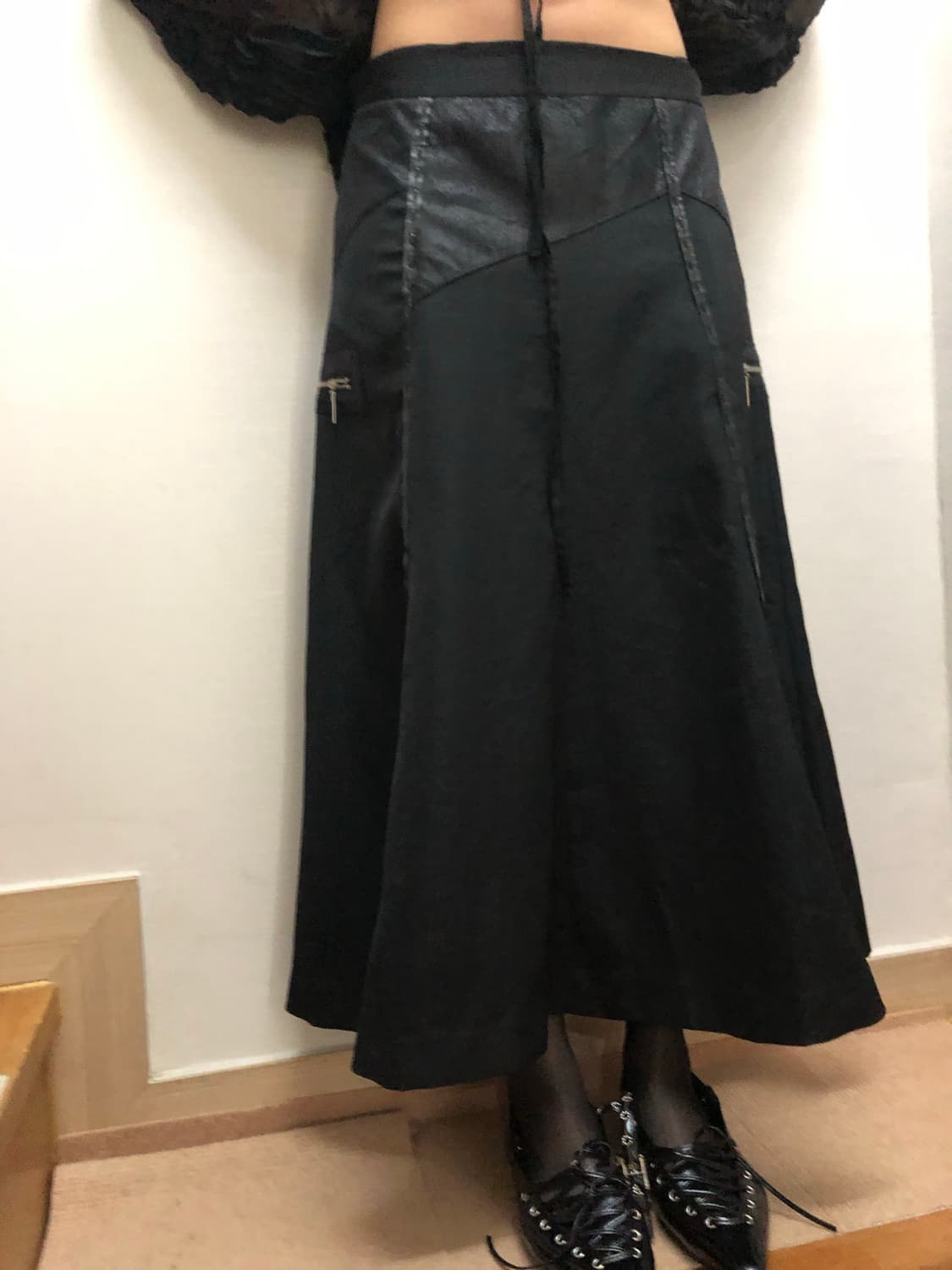 빈티지 블랙 펑크 레더 롱 스커트 상품이미지3