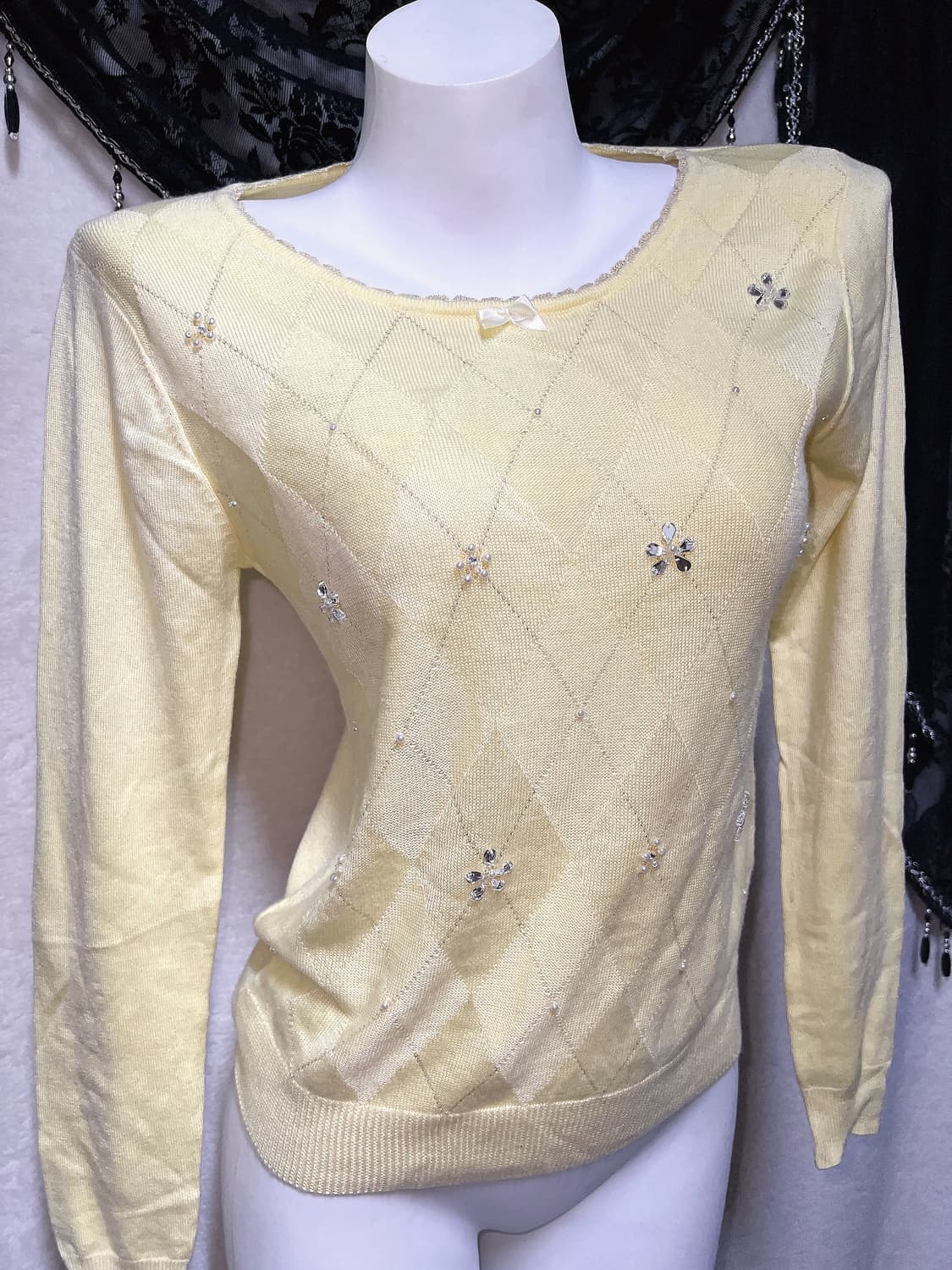 일브 아가일 진주 큐빅 니트 로맨틱갸루 로걀탑 러블리 라떼 핀터 하구미 상품이미지6