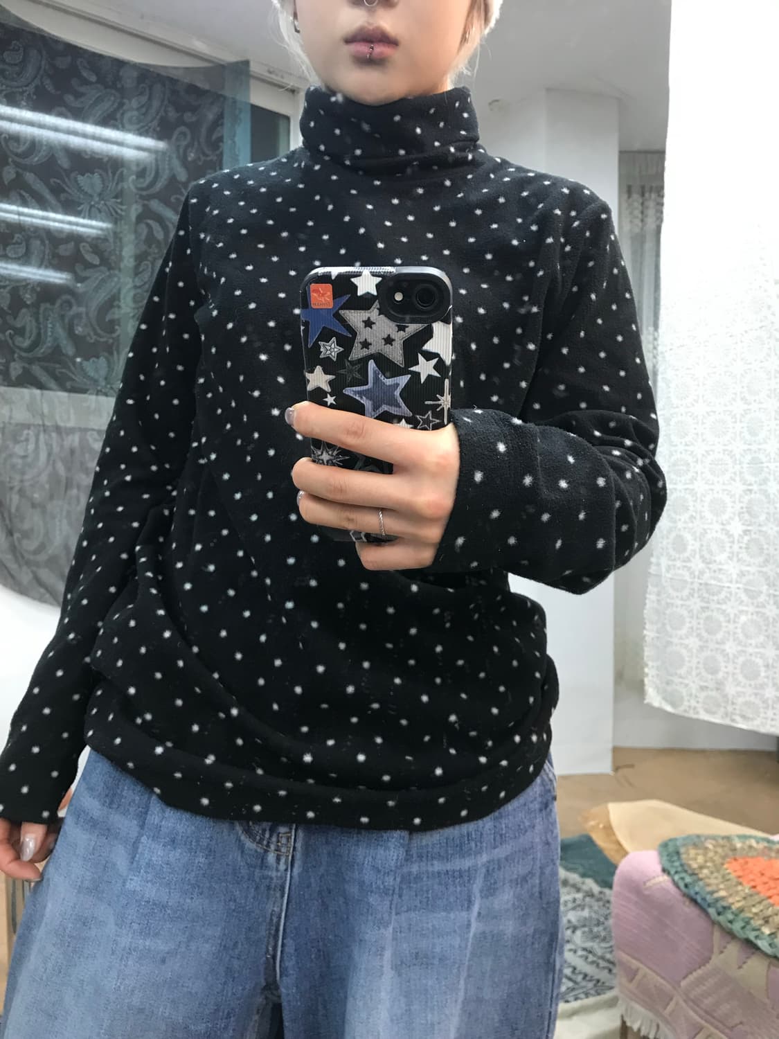 유니클로 여성 후리스 도트 목폴라 긴팔 티  상품이미지5