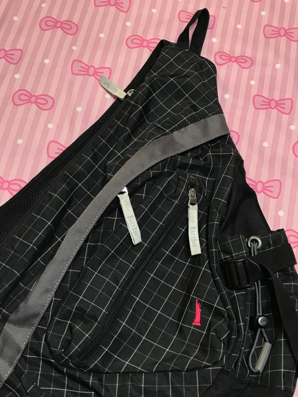 이스트보이 체크 크로스백팩 힙색 핑크로고 모리 하구미 상품이미지3