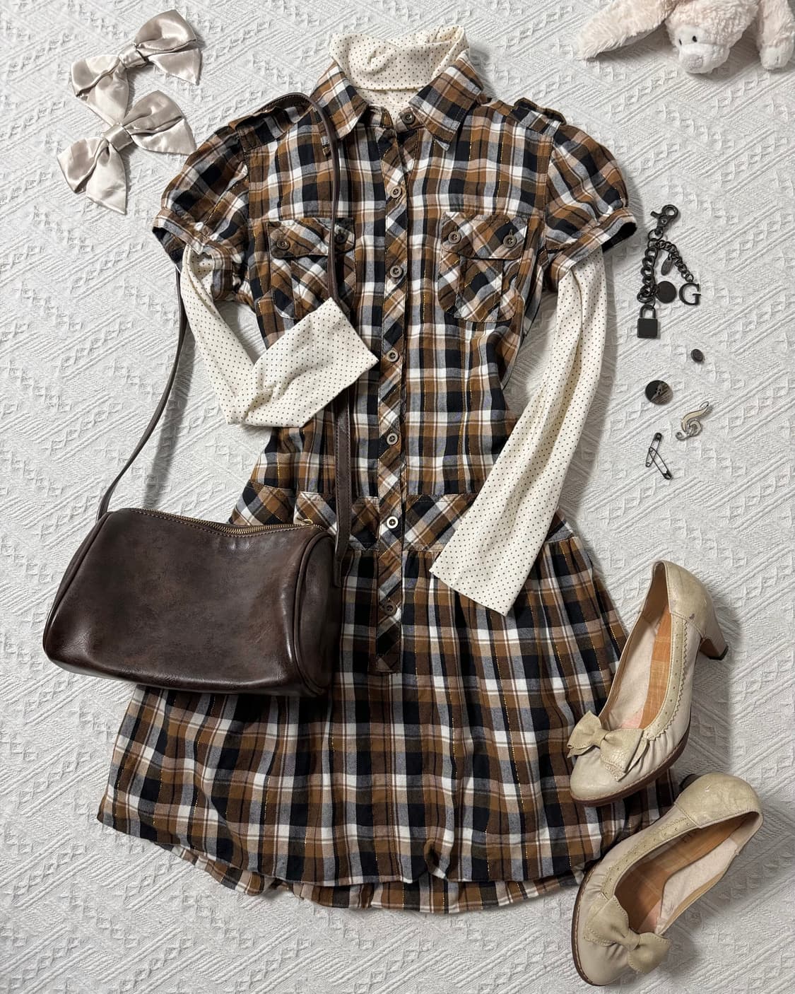 체크 패턴 퍼프 디테일 도트 폴라 원피스 2pcs SET  상품이미지10