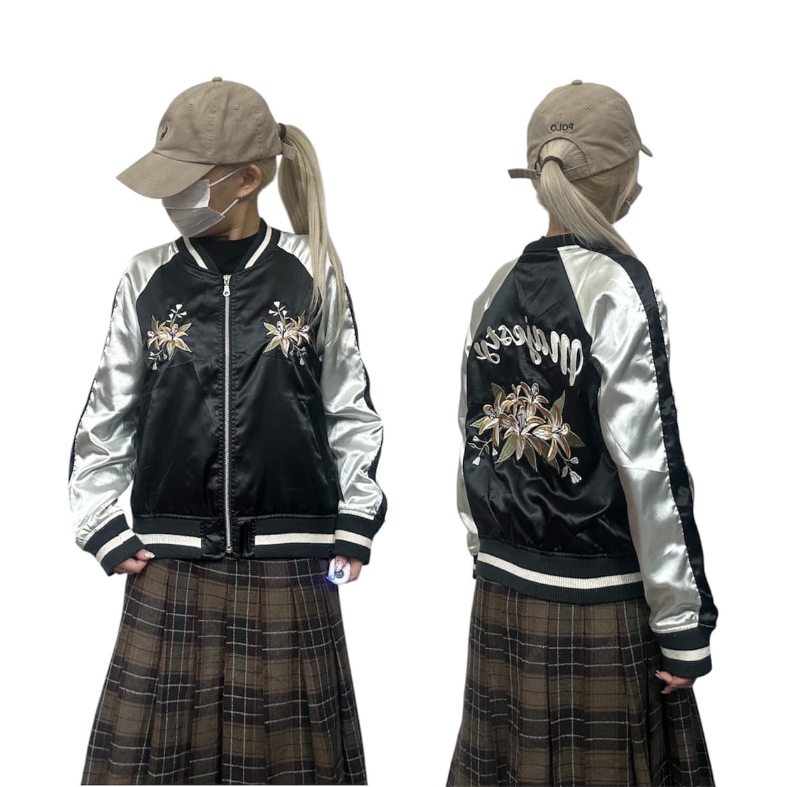 일본 빈티지 블랙 화이트 꽃 자수 스카잔 자켓 L 상품이미지1