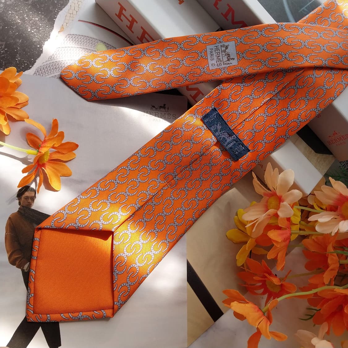 에르메스 오렌지 말발굽 자카드 넥타이 9.3cm A+등급 K2537 상품이미지4