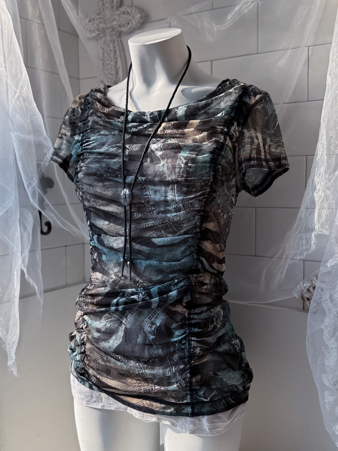 Denim Pattern Shirred Blouse 0265 상품이미지1