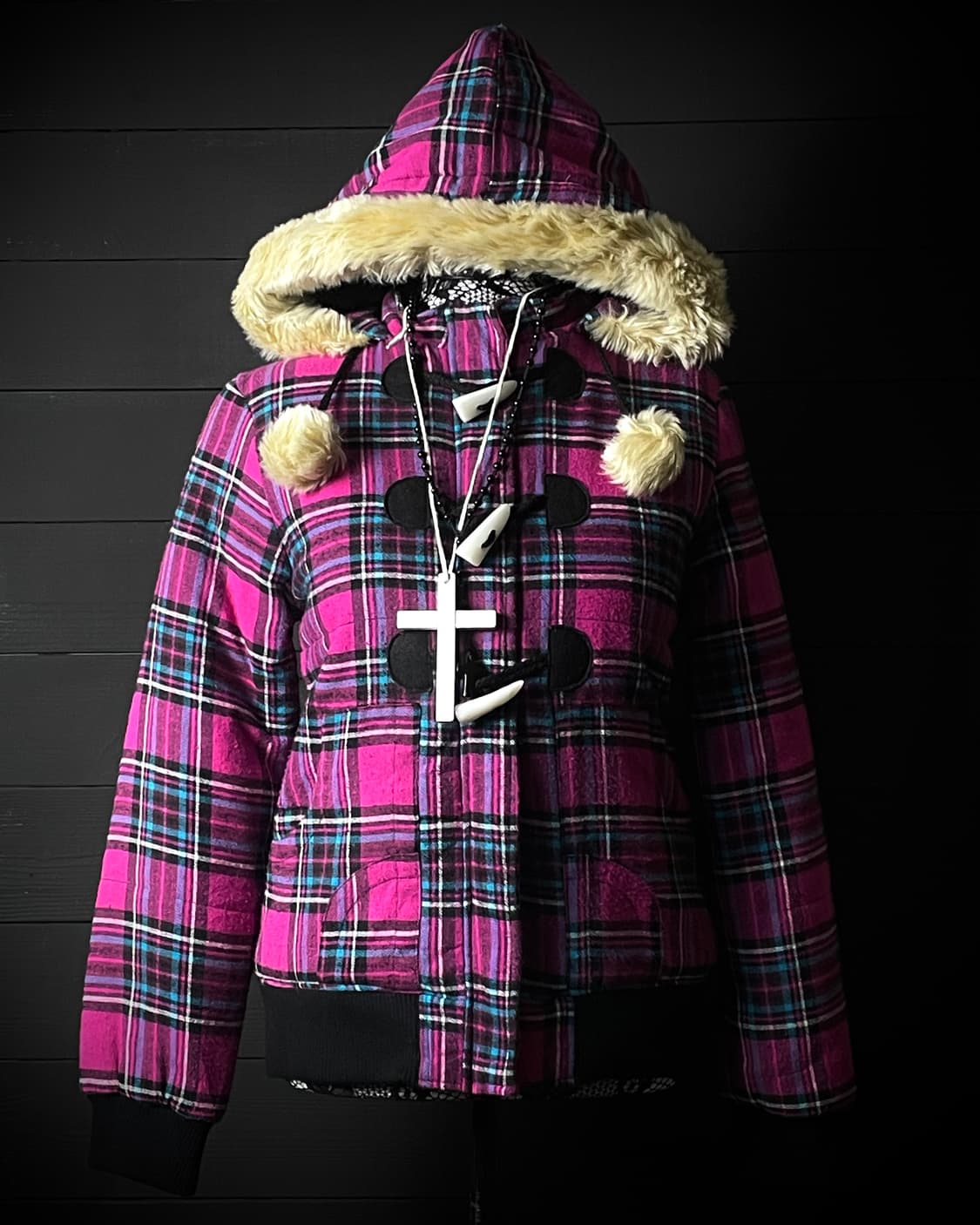 JPN  갸루 펑크 핑크 체크 패턴 퍼 더플 토글 떡볶이 코트 떡코 상품이미지1
