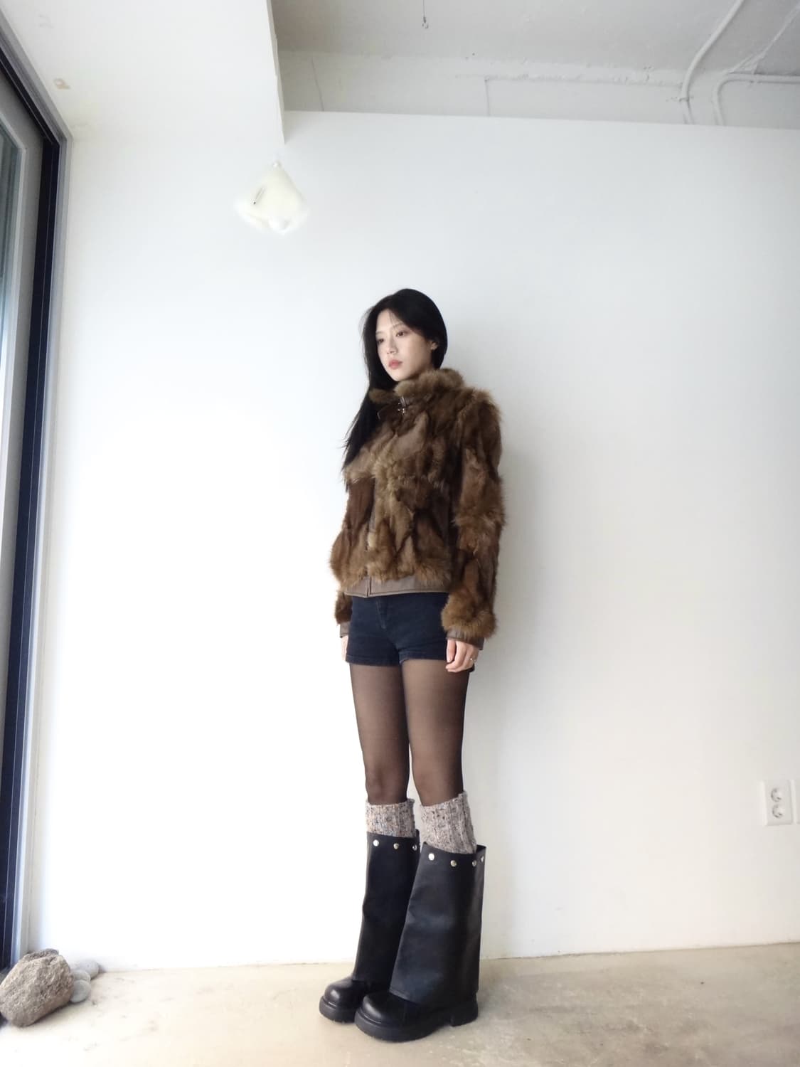Neck buckle dual fur leather jacket/ 폭스퍼 상품이미지5