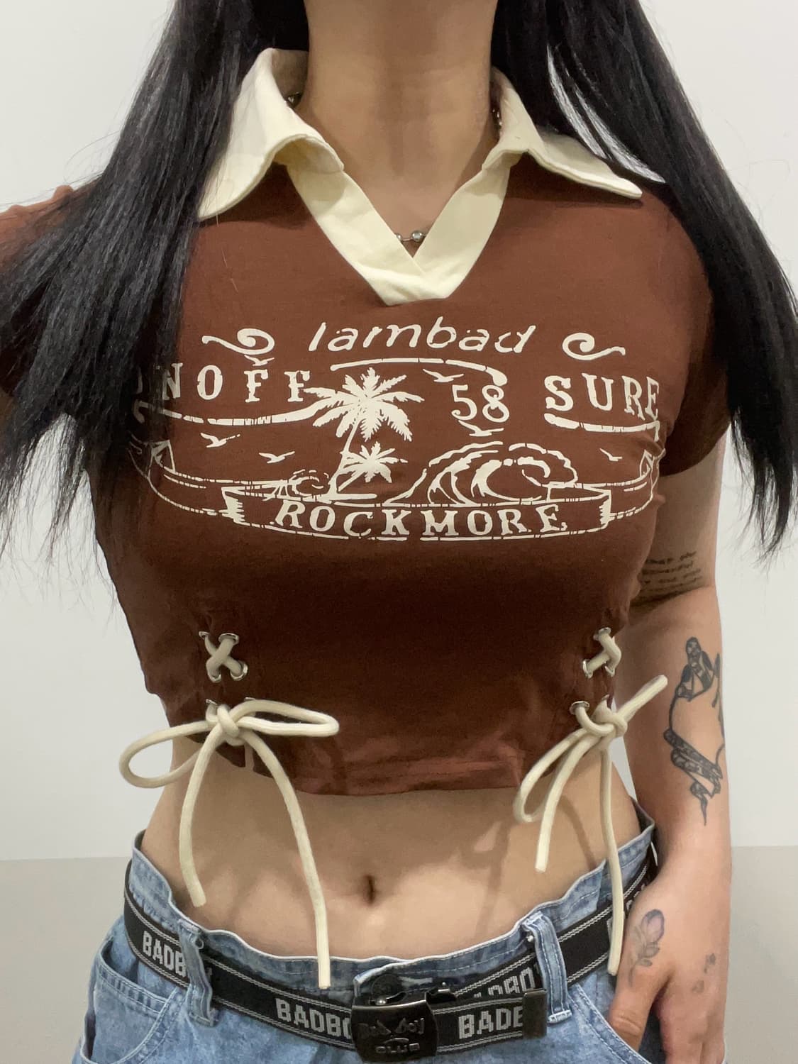 Vtg Y2K 오픈카라 아일렛 크롭 반팔 티셔츠 상품이미지1