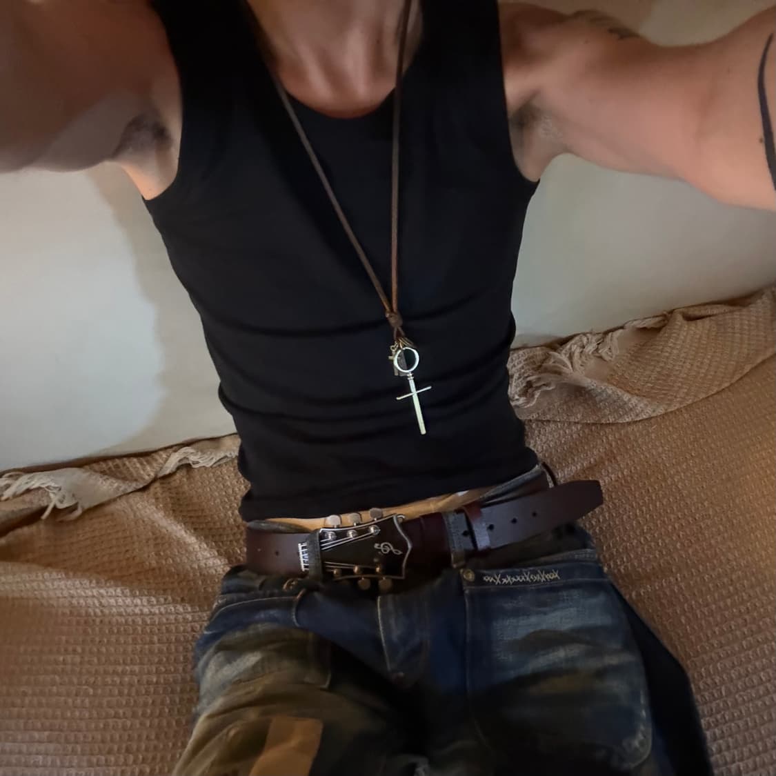 rock guitar cow leather belt bk/bn 상품이미지5