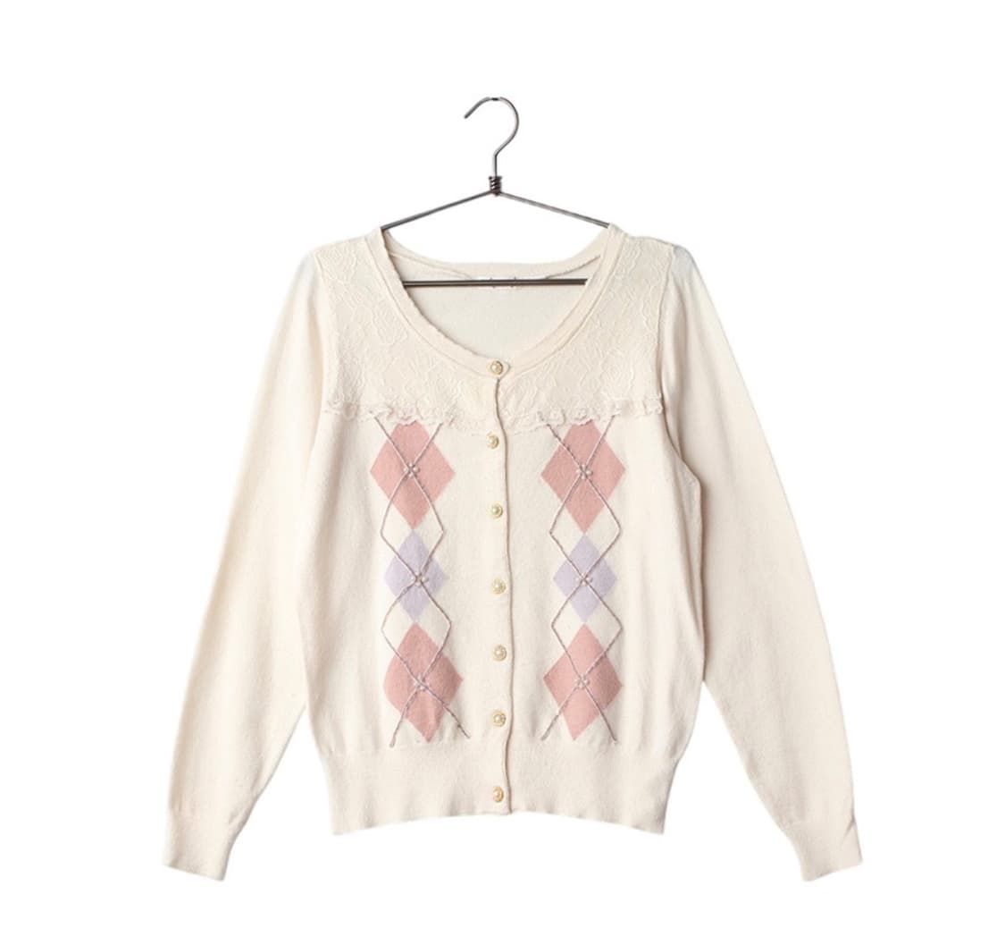 엑시즈팜 리즈리사깔 아가일 니트 가디건 짜잔씨 히메갸루 핀터 빈티지 상품이미지1