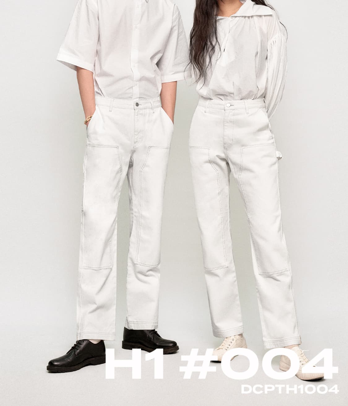34 새제품 DECET 데님 워크 팬츠 세미 와이드 청바지 화이트 더블니 상품이미지1