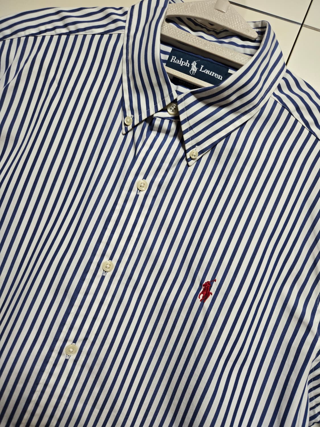폴로 랄프로렌 남성 정품 블루 스트라이프 반팔 셔츠 상품이미지1