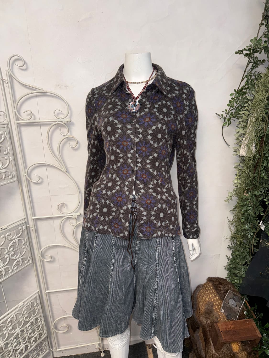 Blue brown flower pattern wool shirt 상품이미지1