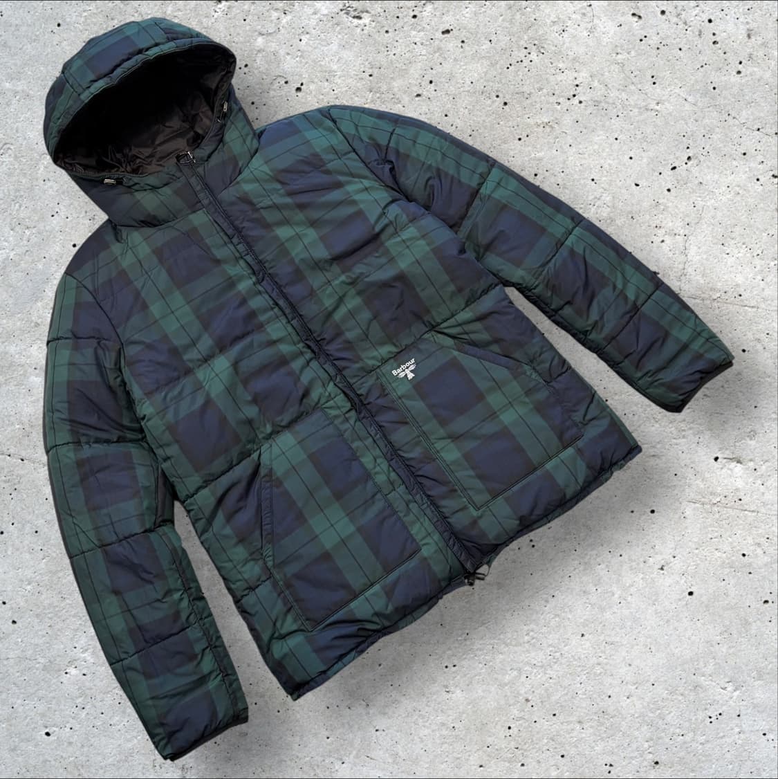 [M] 바버 비콘 구스 다운 리버시블 블랙 체크 후드 패딩 자켓 C58 상품이미지1