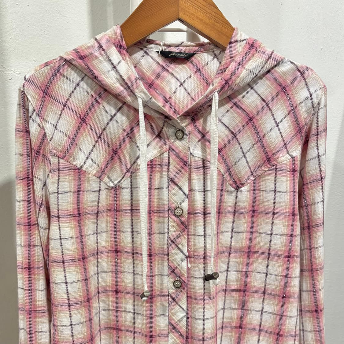 일본 빈티지 핑크 체크 글리터 모리걸 후드 셔츠 상품이미지4