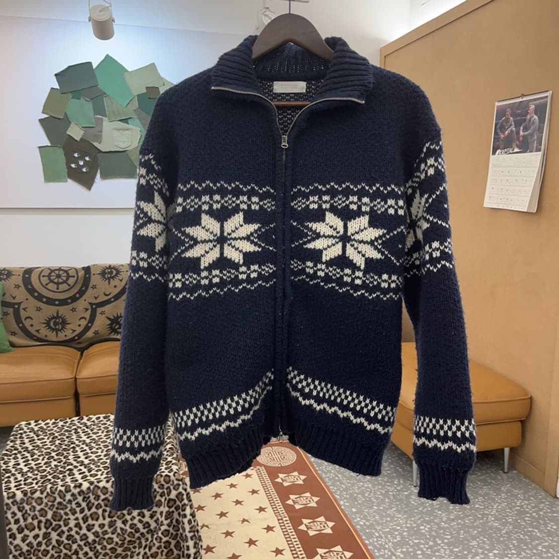 빈티지 노르딕 코위찬 눈꽃 뜨개 니트 집업 가디건 XL C08798 상품이미지3