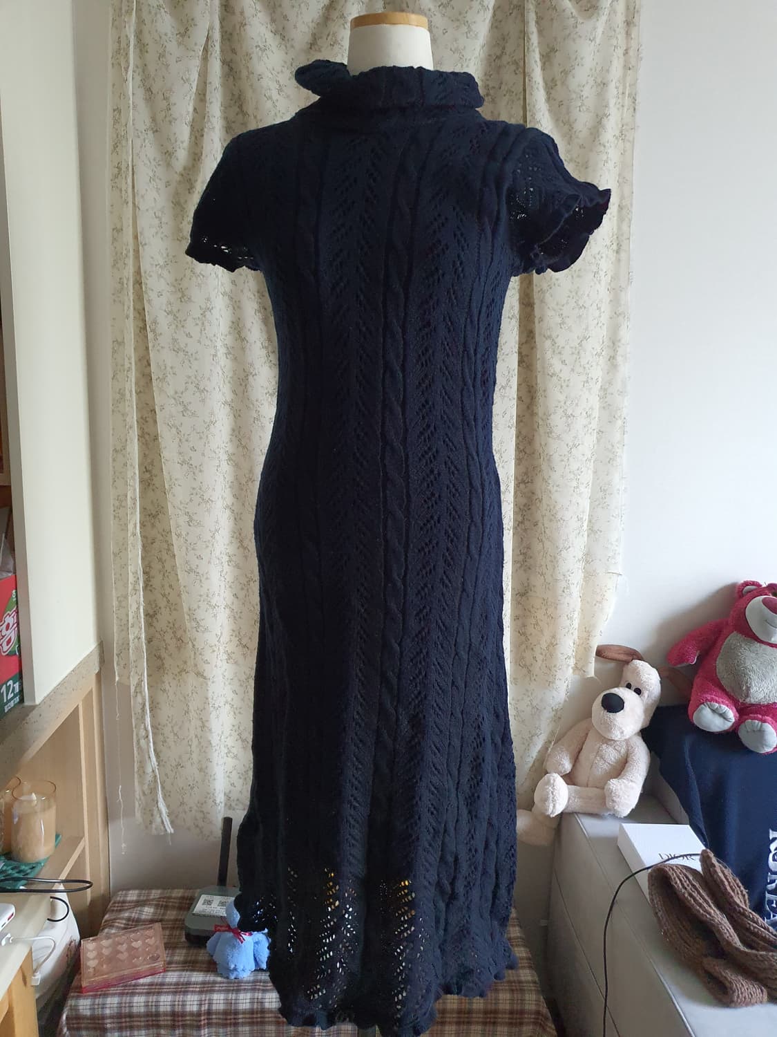 [모리걸] 손뜨개 니트 롱 원피스 네이비 반팔 상품이미지2