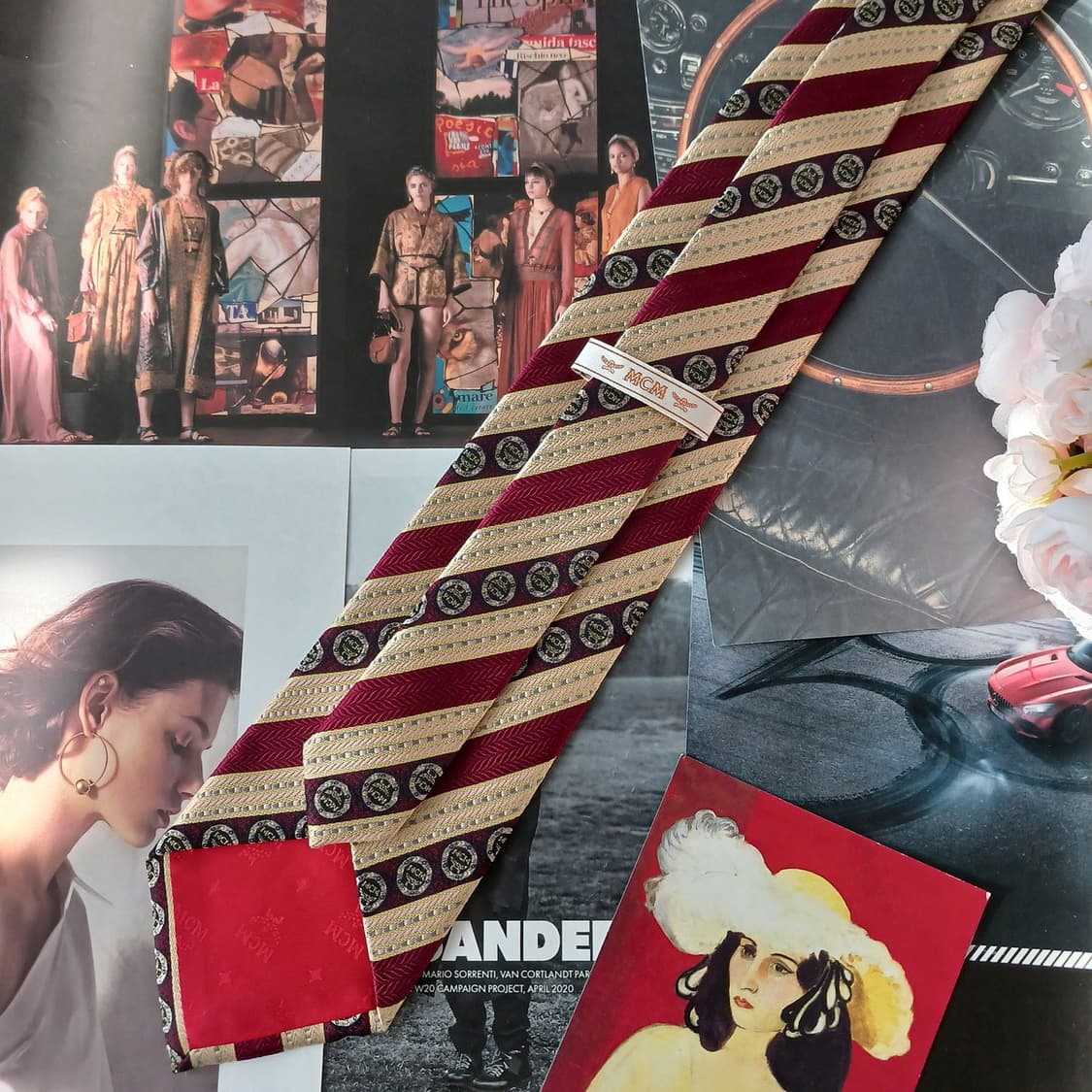 MCM 실크 베이지 스트라이프 메달리온 넥타이 9cm A등급 A19246 상품이미지4