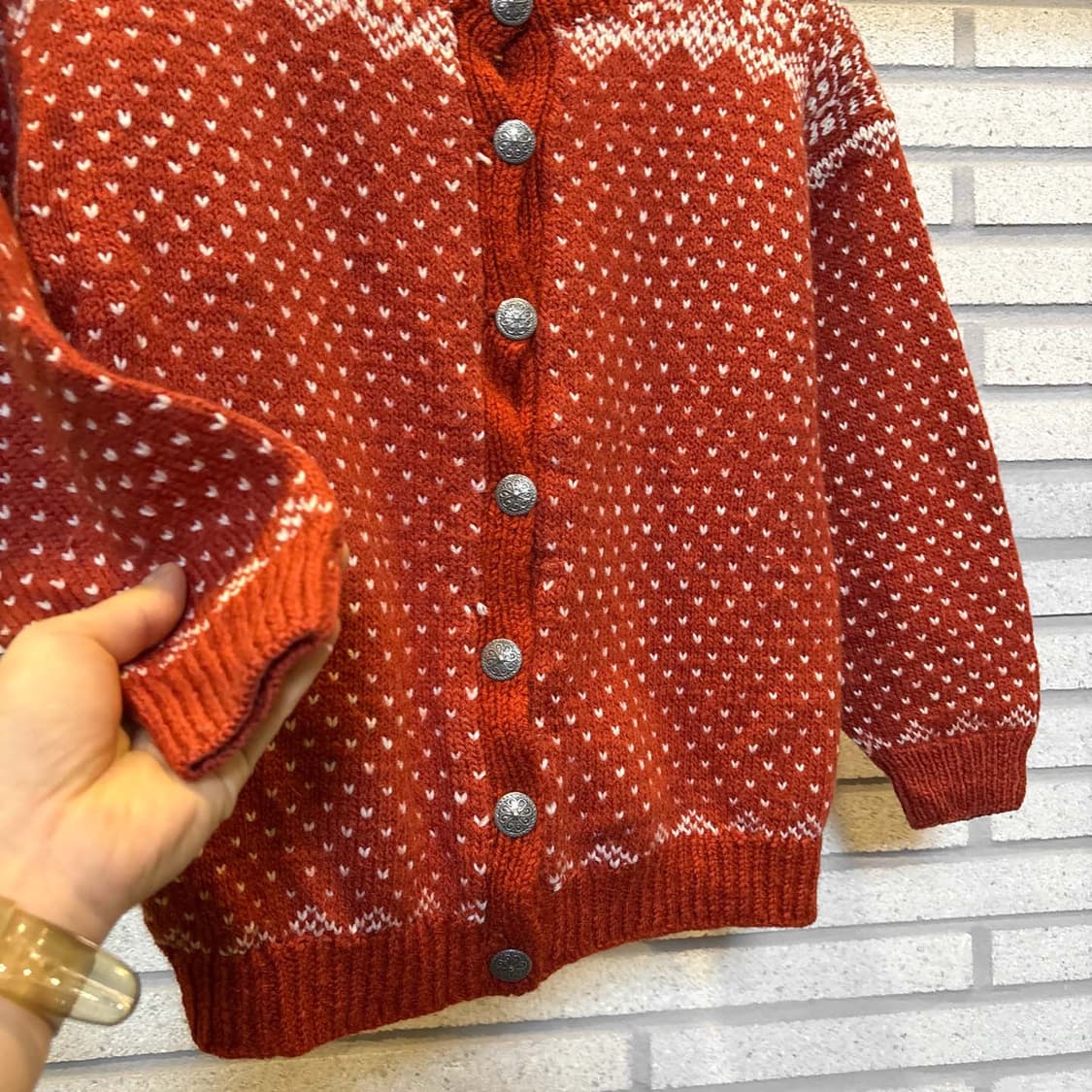 JPN VINTAGE 니트 가디건 노르딕 하트 패턴 디테일 브릭 오렌지 상품이미지5