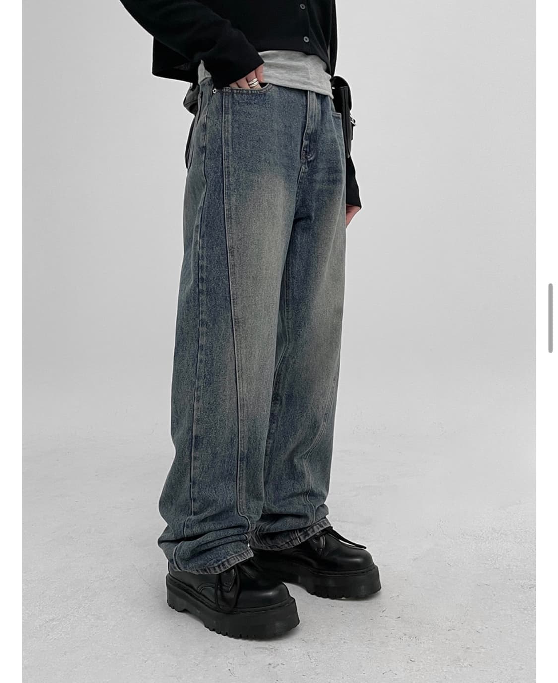 블랙업 절개 와이드 데님팬츠 상품이미지3