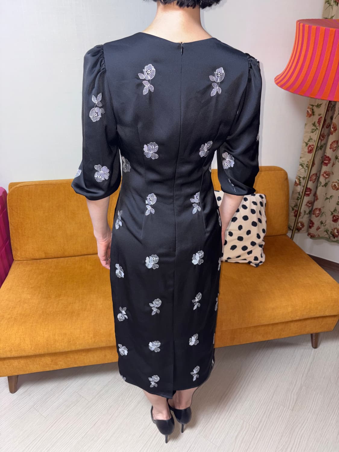 flower pattern puff black dress 상품이미지3