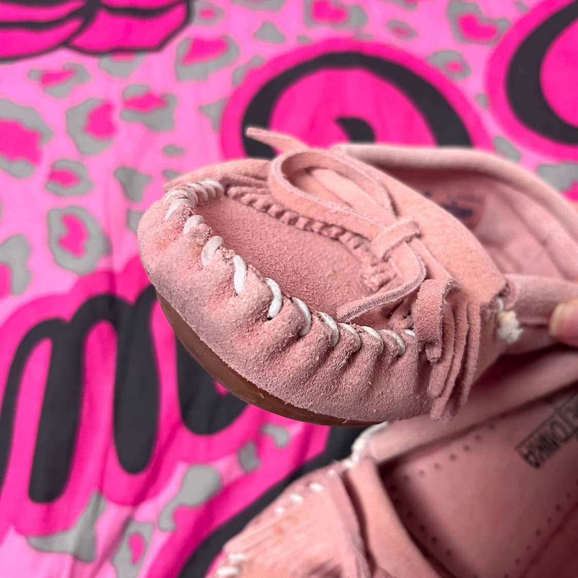 [ 나눔 ] 미네통카 히메 라떼갸루 흰핑 샌드핑크 리본 모카신 단화 슈즈 상품이미지2