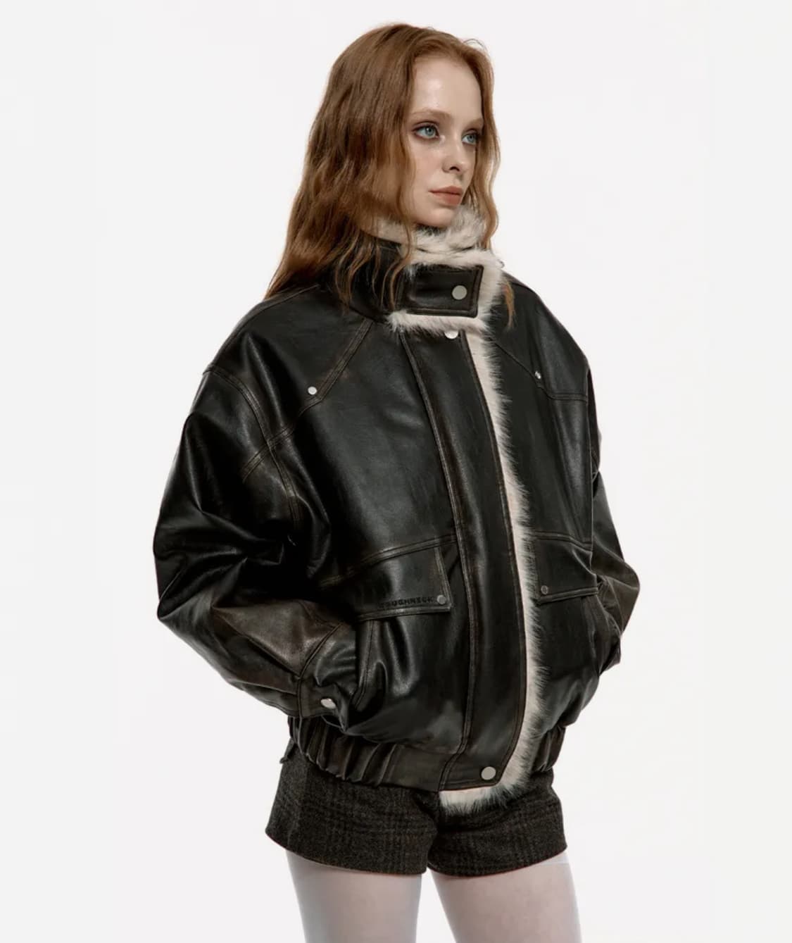 러프넥 워싱 레더 무스탕 자켓 상품이미지2