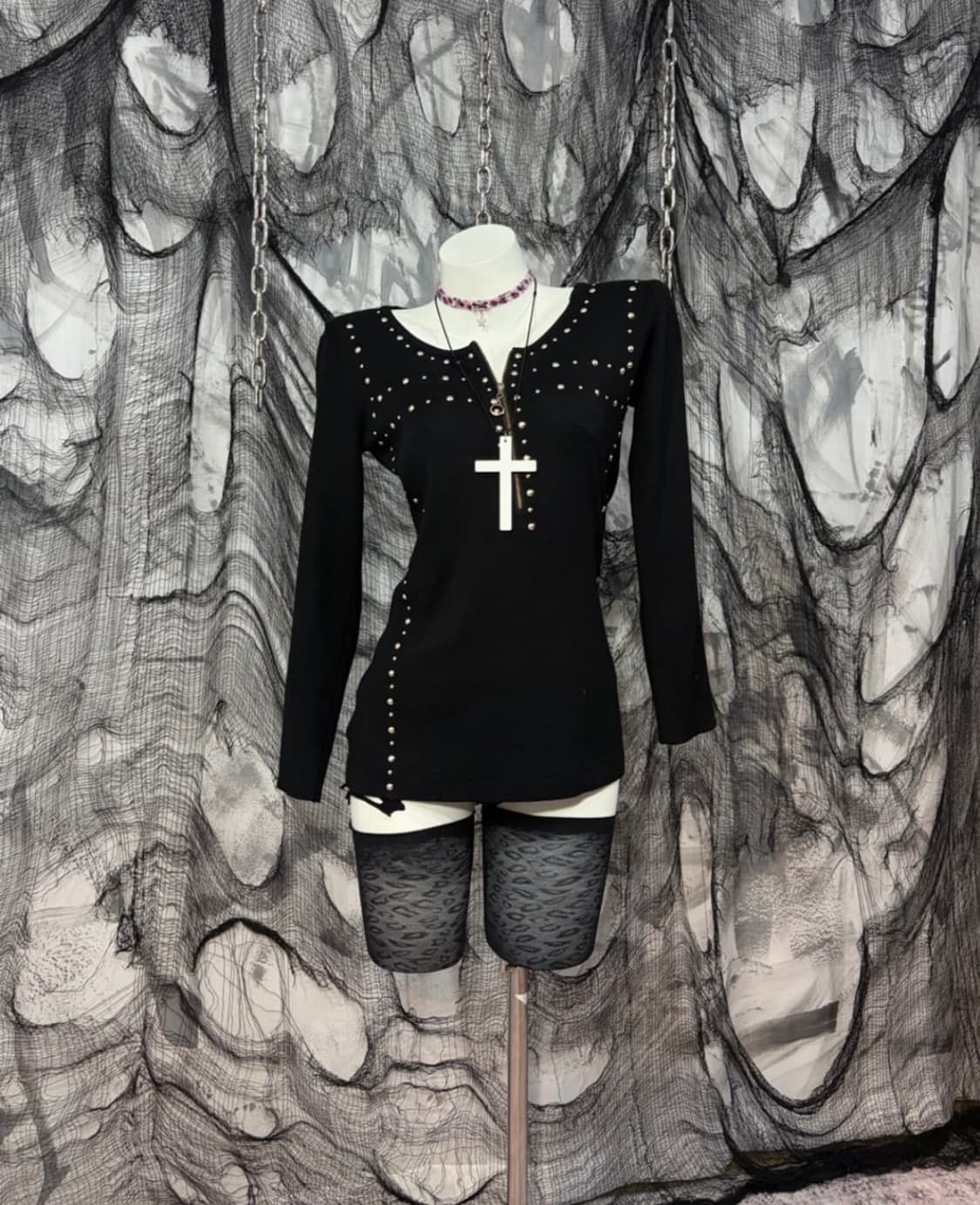 펑크 y2k 스터드 롱슬리브 긴팔티 탑 상품이미지1