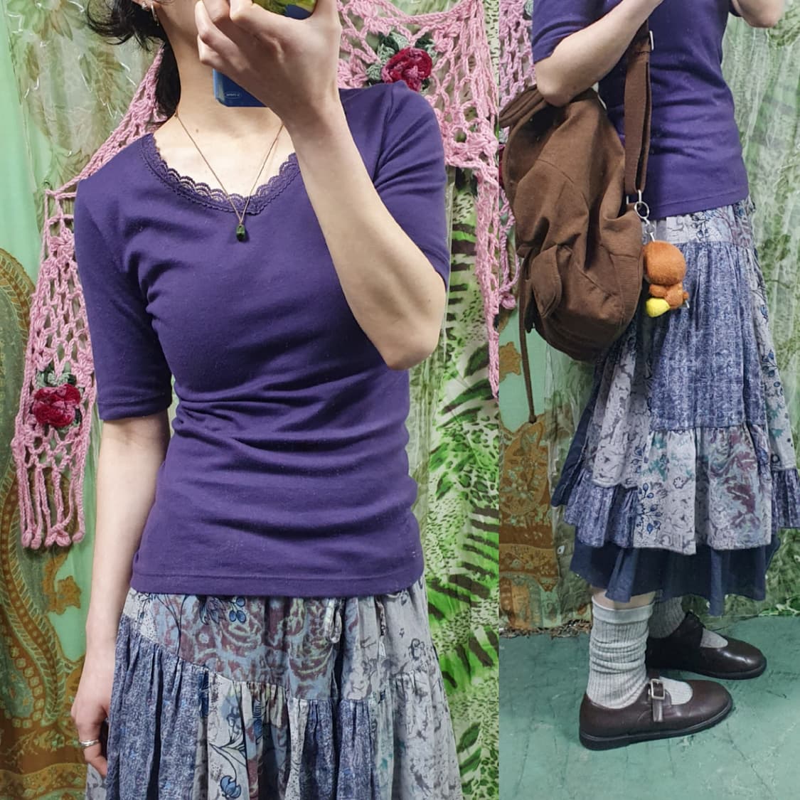 레이스 넥 반소매 티셔츠 퍼플 상품이미지1