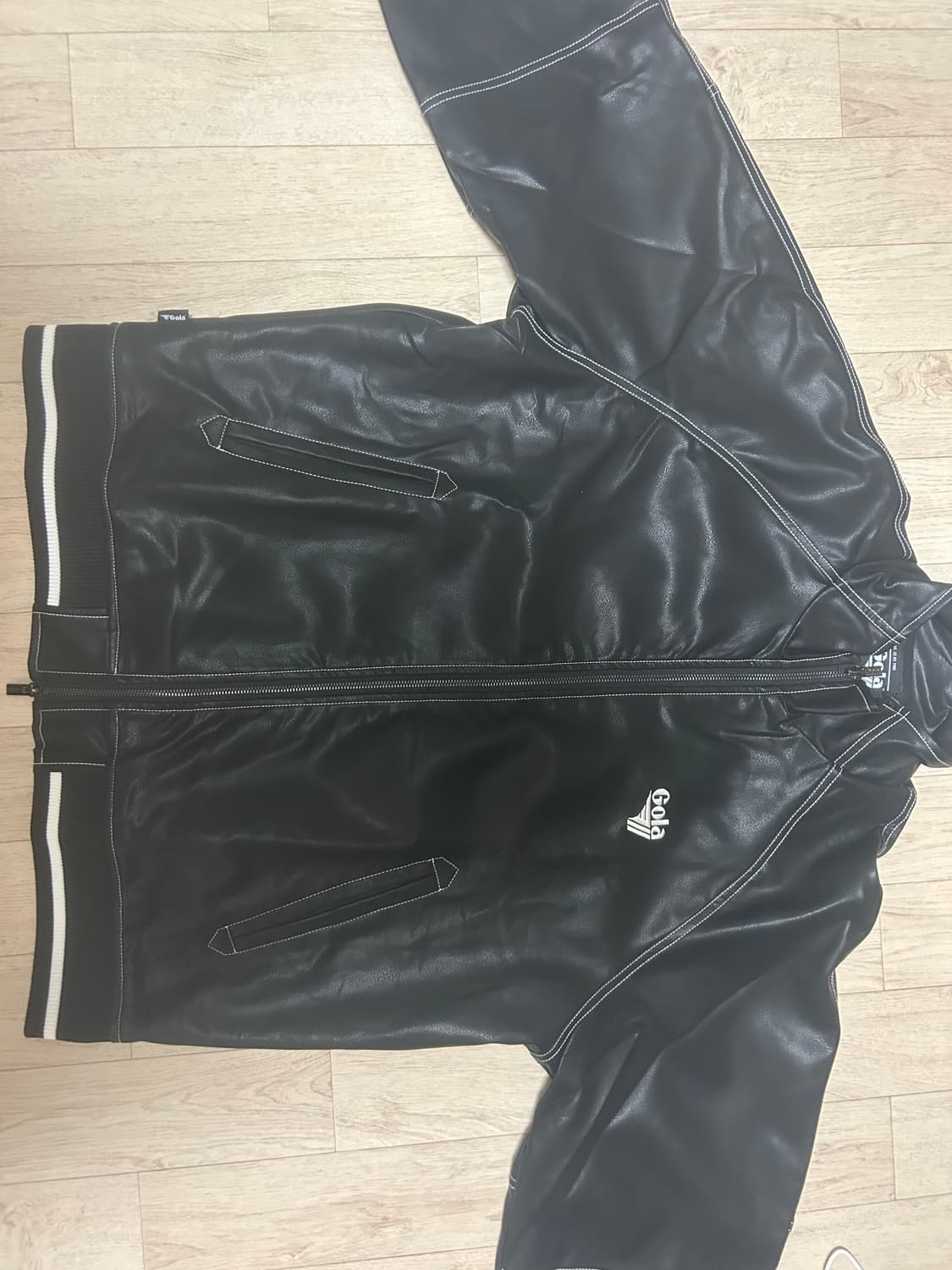 골라 스티치 포인트 레더 점퍼 블랙 상품이미지1