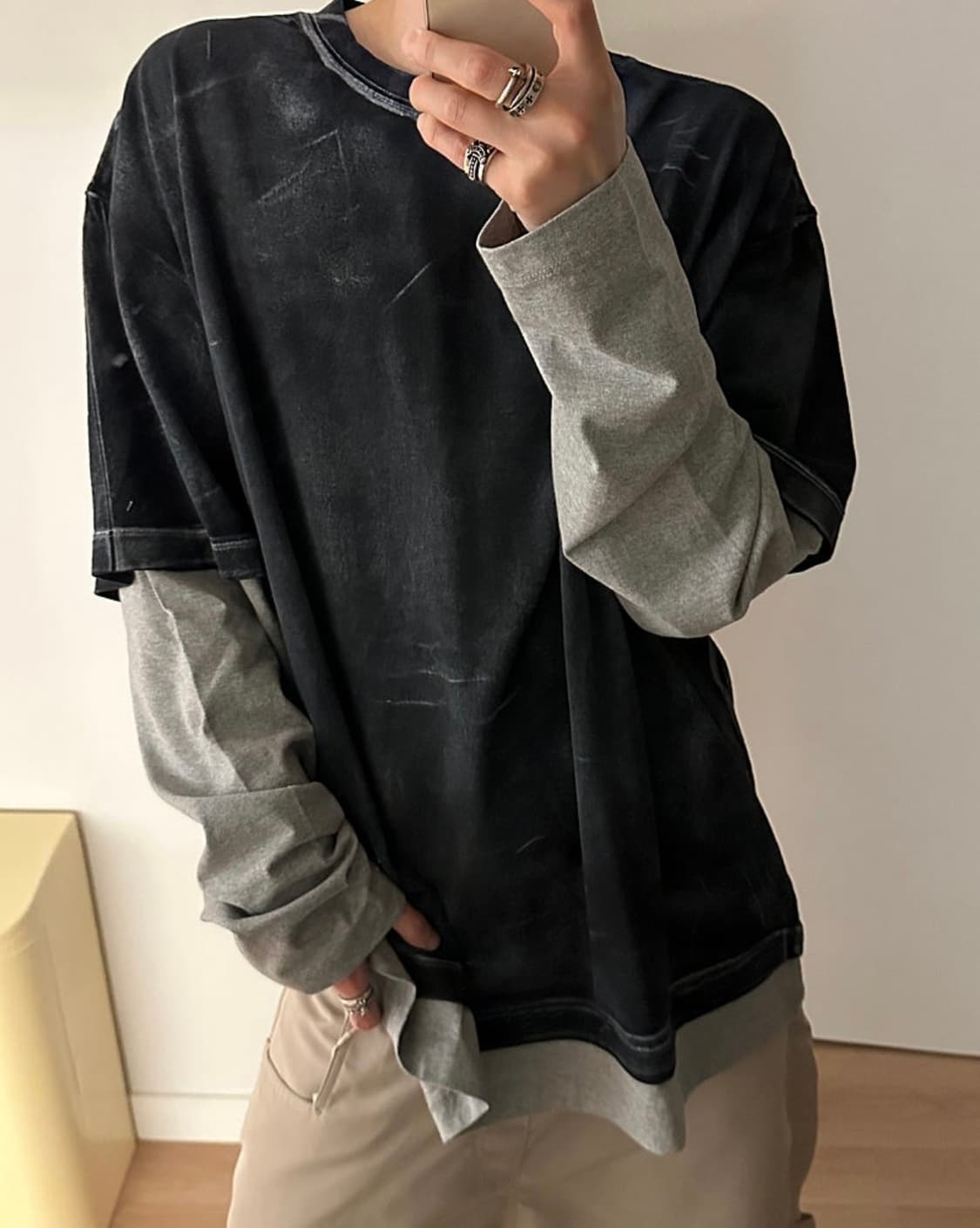 논노드 백디테일 티셔츠 워시드 블랙 + 레이어드 롱슬리브 상품이미지8