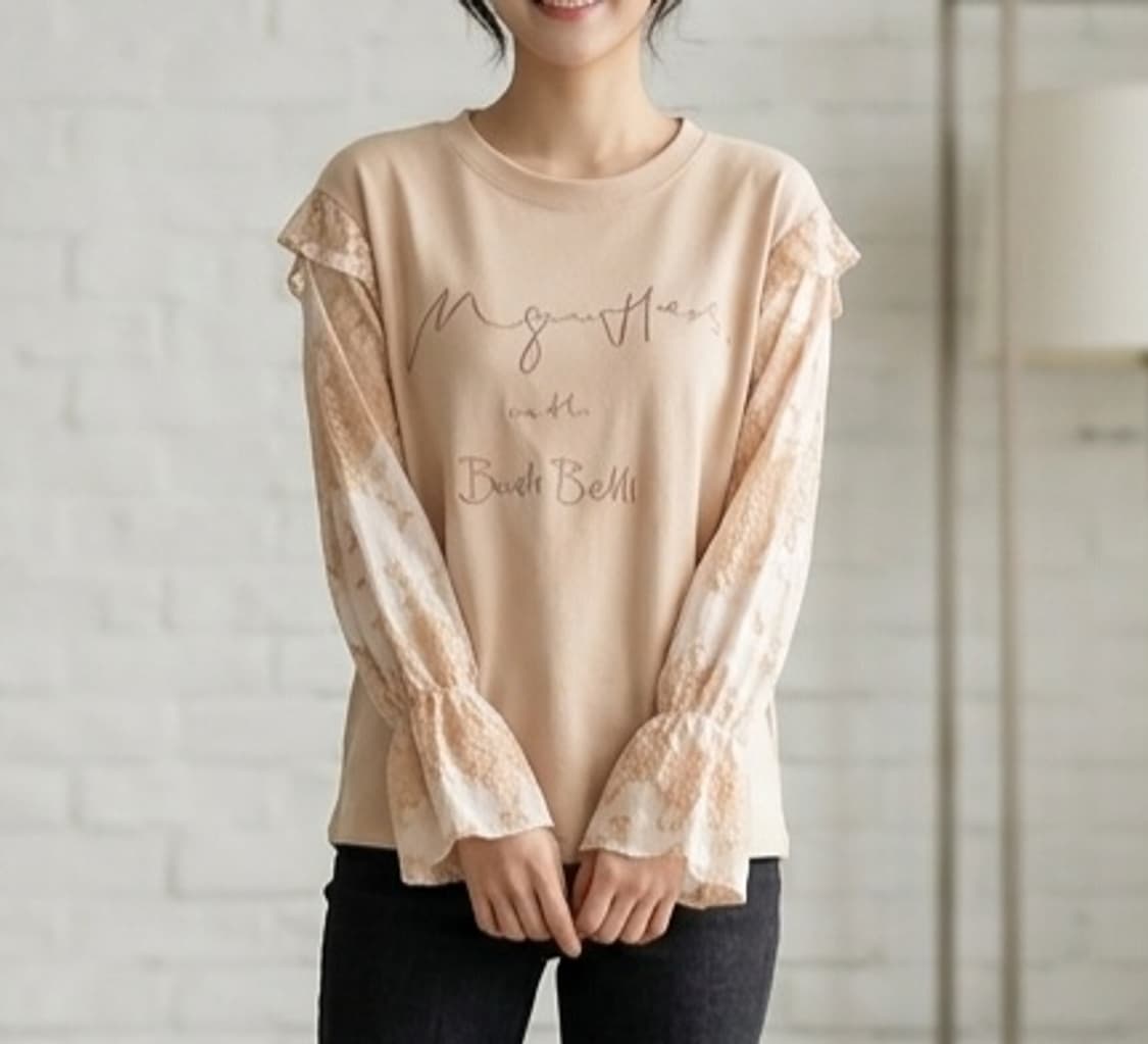 [55]베스띠벨리 자수 레터링 레이스 소매 티셔츠 상품이미지1