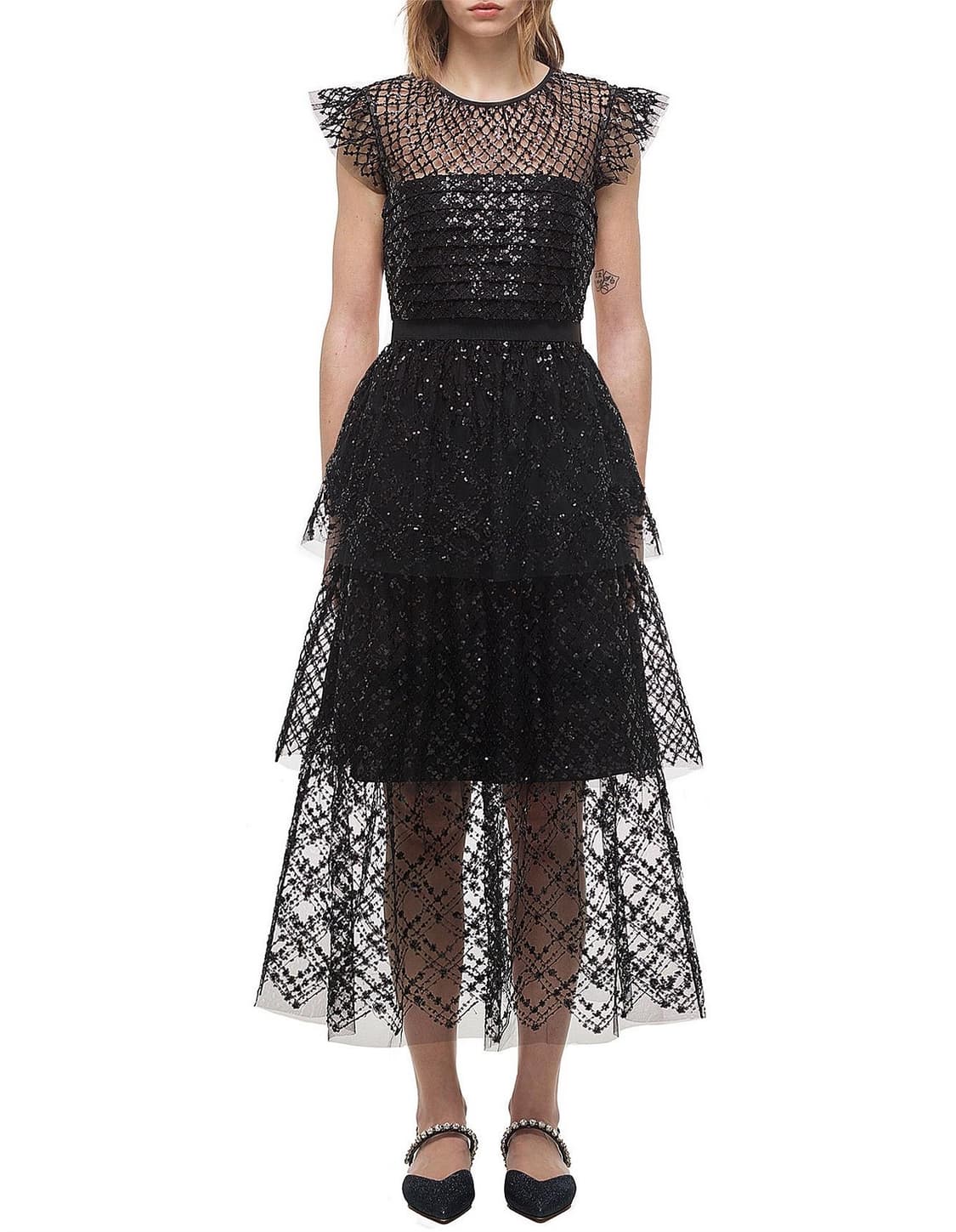Black grid sequin tiered midi dress UK8 상품이미지1