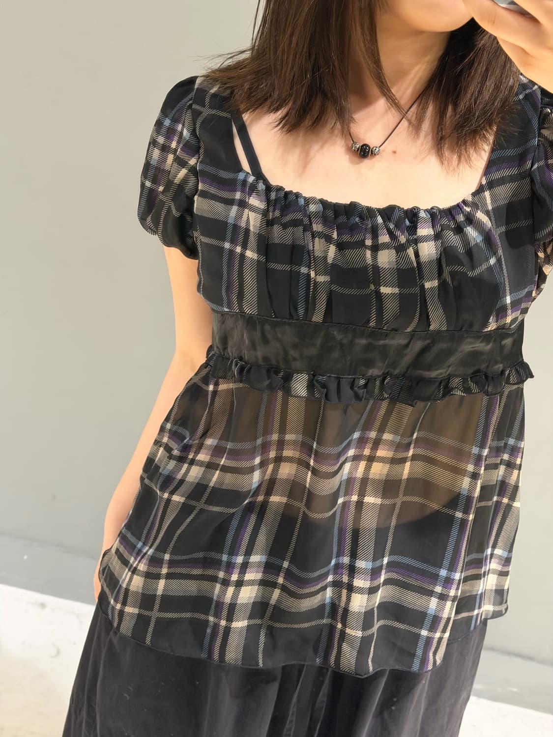 puff sleeve see-through check top 상품이미지3
