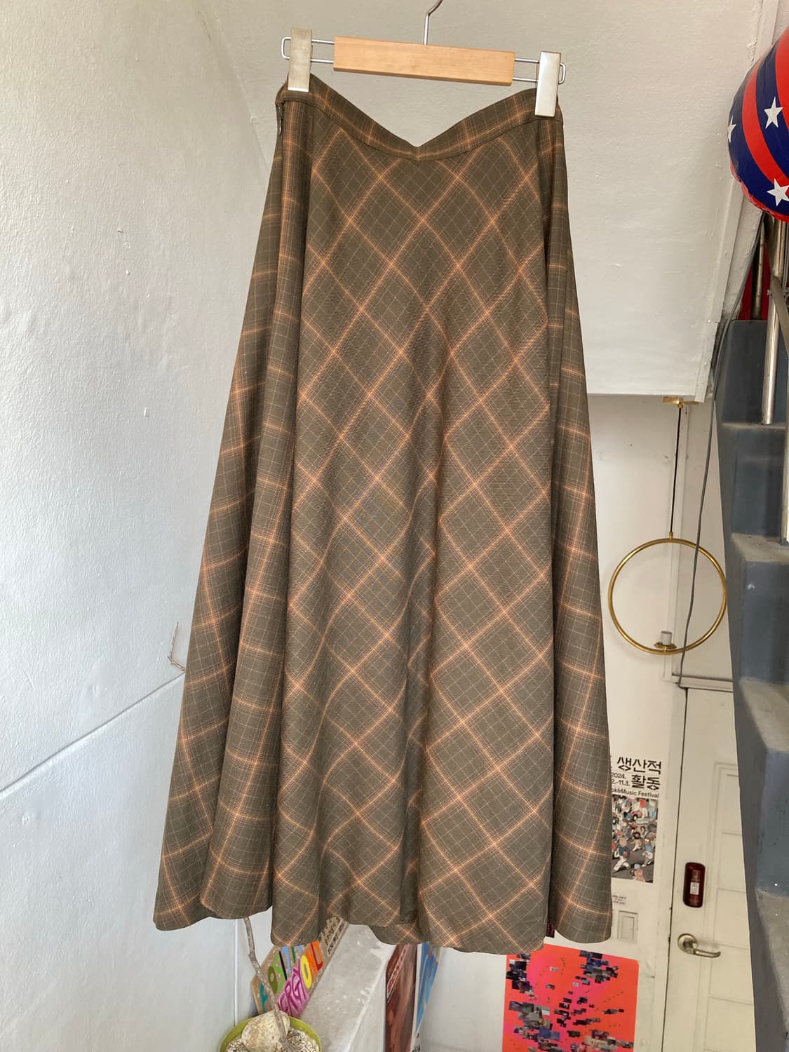 울 브라운 체크 롱스커트 상품이미지6