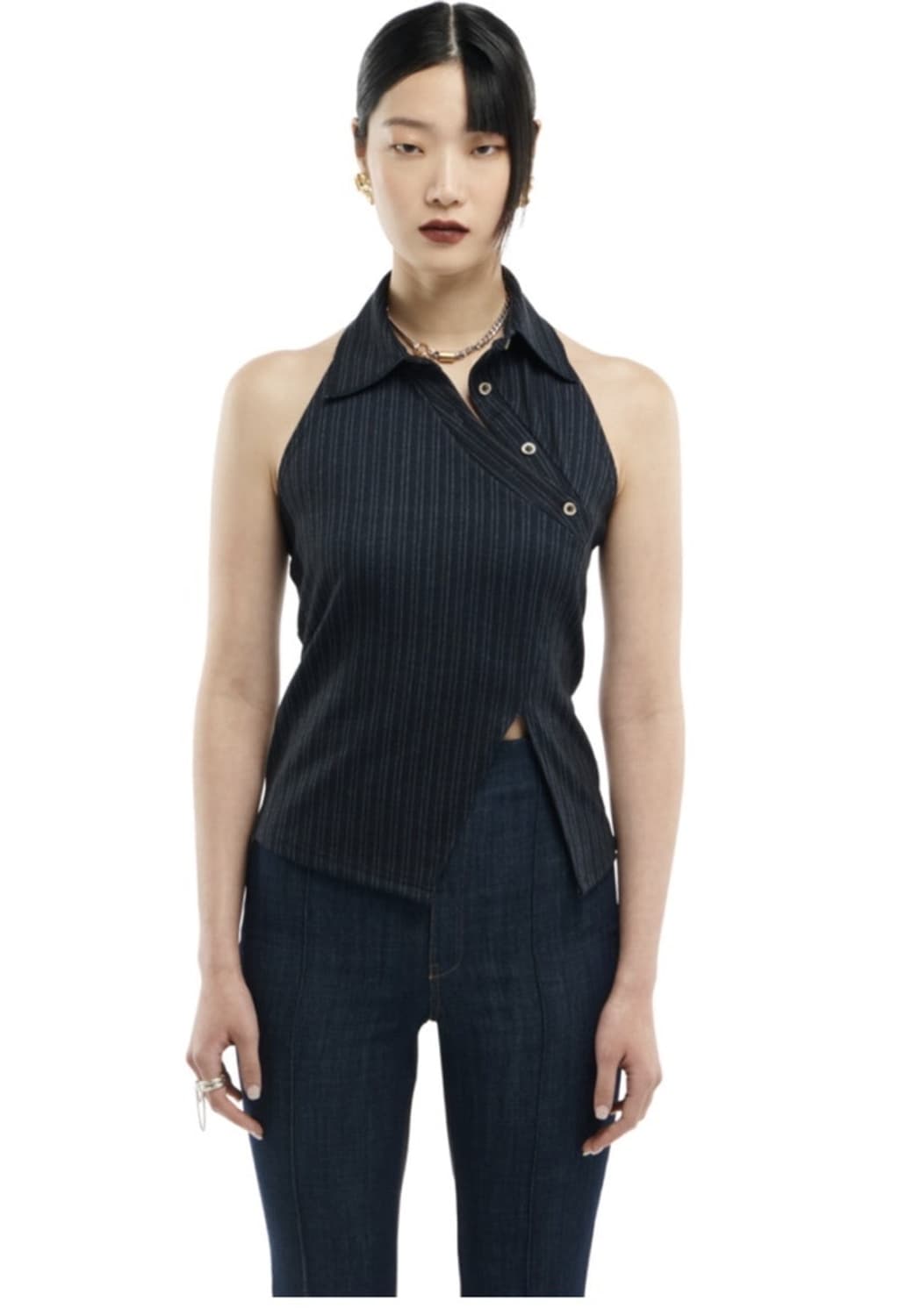 DENIM DIAGONAL HALTERNECK COLLAR SLEEVEL 상품이미지1