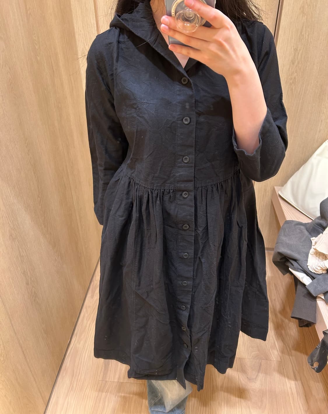단추 후드 코튼 블랙 레이어드 원피스 모리걸 일본 빈티지 상품이미지1