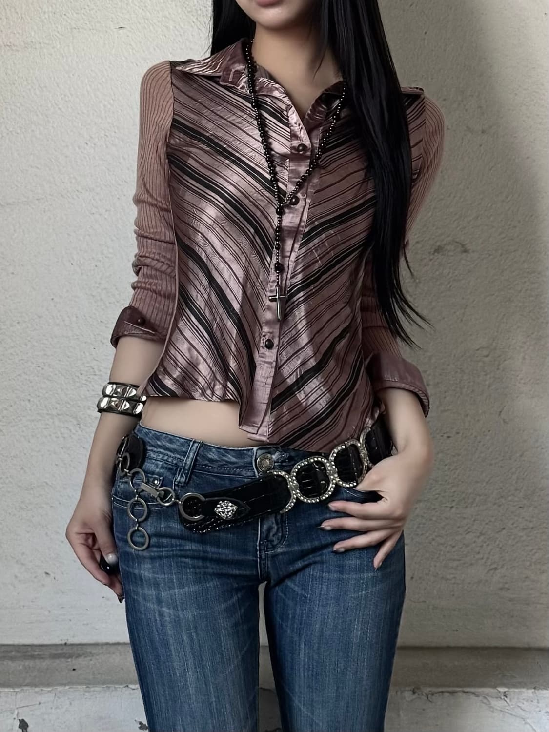Pink satin knit shirt 상품이미지1