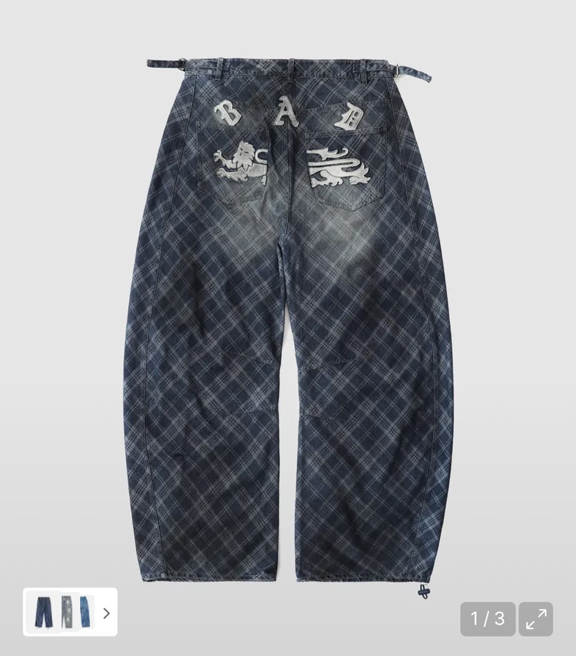 라이온 패치 워시드 배럴 팬츠 블루데님체크 구해요 상품이미지1