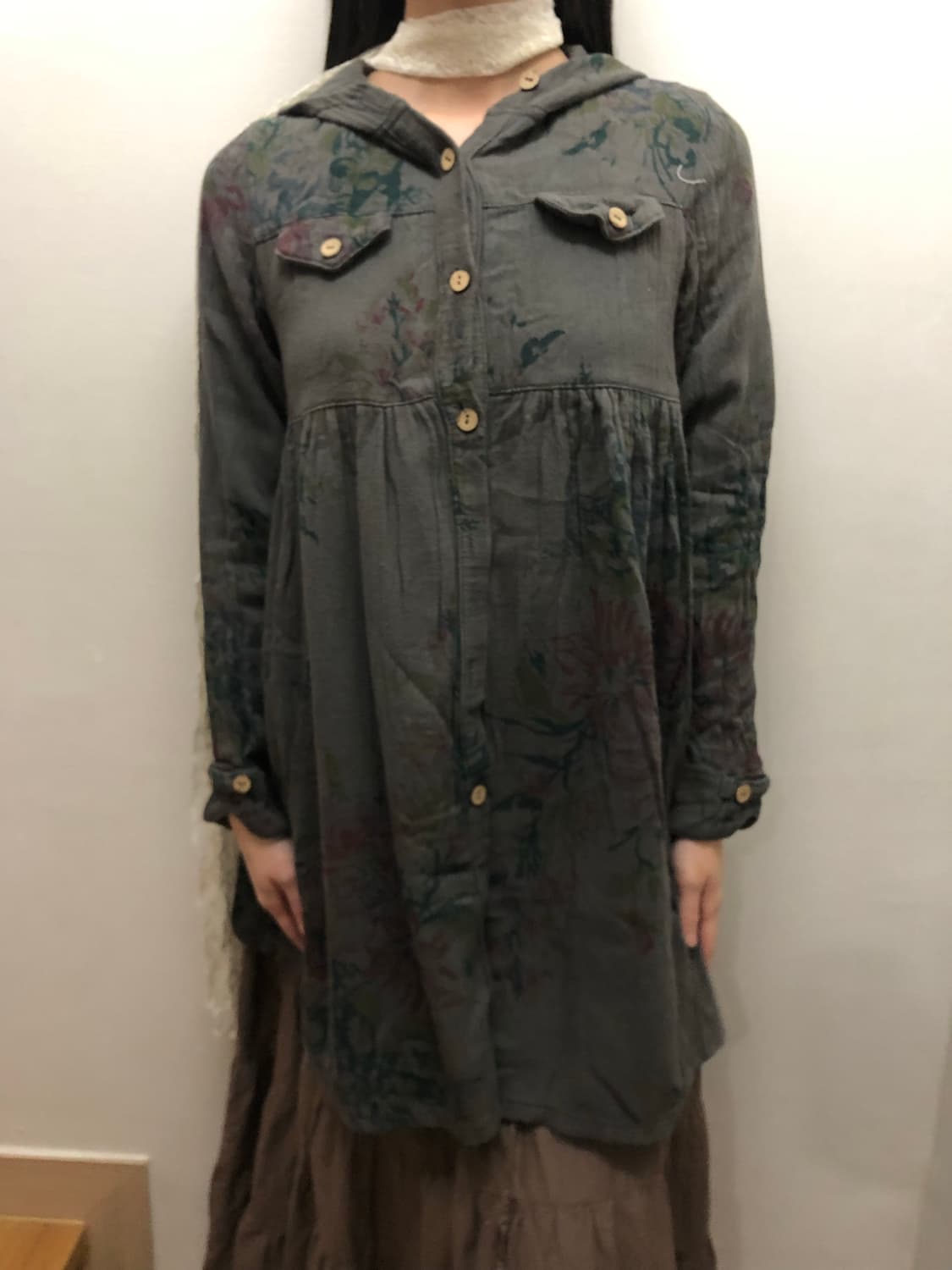 빈티지 딥그레이 플라워 후디 셔츠 상품이미지5