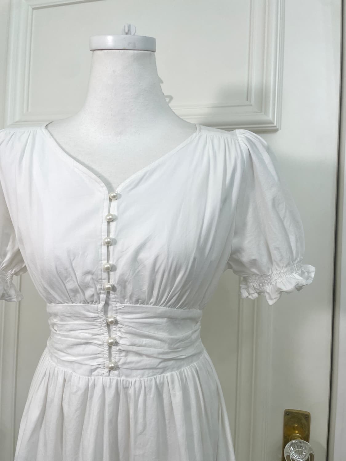 white waist shirring pearl button cotton 상품이미지7