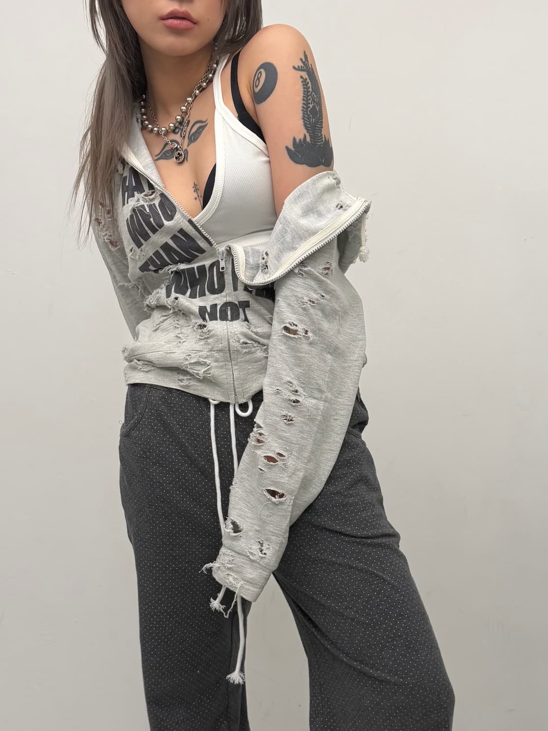 그레이 도트 밑단 레이스 8부 팬츠 상품이미지4