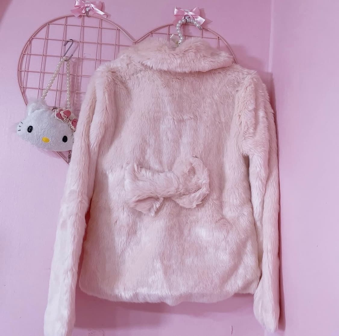 (교환) 디어리 진주 하트 버튼 핑크 퍼 코트 히메갸루 상품이미지3