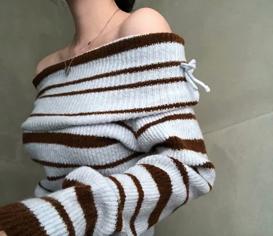 크림치즈마켓 키치 리본 단가라 니트 오프숄더 상품이미지2