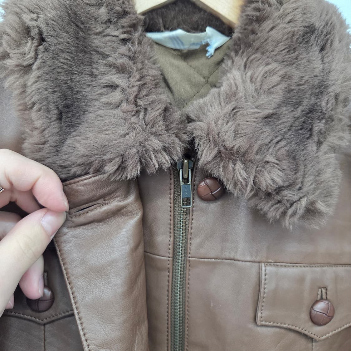 아디다스 브라운 가죽 자켓 퍼 카라 여/M 상품이미지6