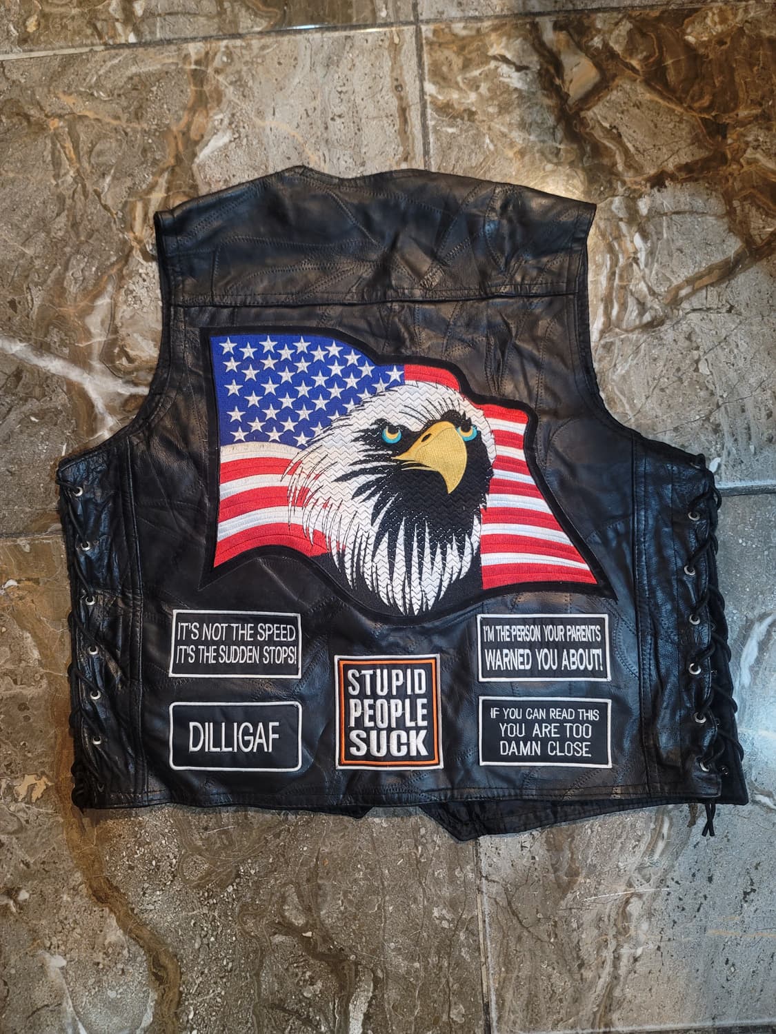 usa 블랙 가죽 바이커 조끼 뒷면에 독수리 패치 상품이미지1