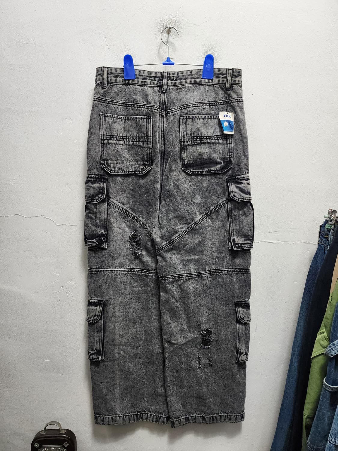(새상품) Y2K 워시드 YKK지퍼 와이드 카고 흑청바지  상품이미지2