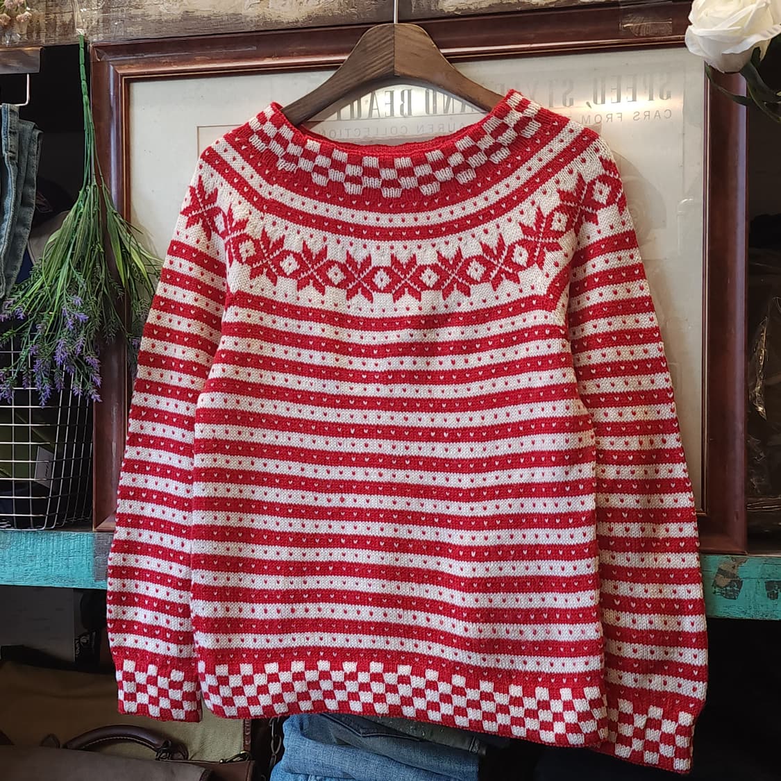 90s 프렌치 핸드메이드 울 니트 스웨터 노르딕 하트 패턴 상품이미지2